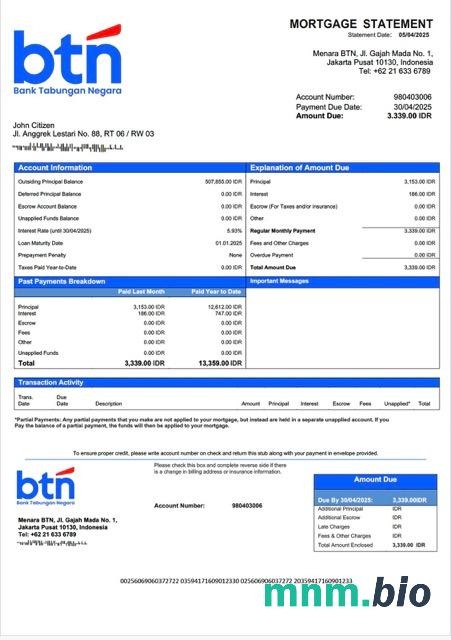Indonezja Bank Tabungan Negara (BTN) wyciąg z kredytu hipotecznego szablon Word i PDF